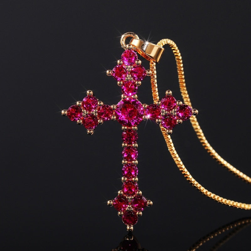 Delicate cross pendant necklace set with round shiny zircon, lucky adjustable collarbone chain