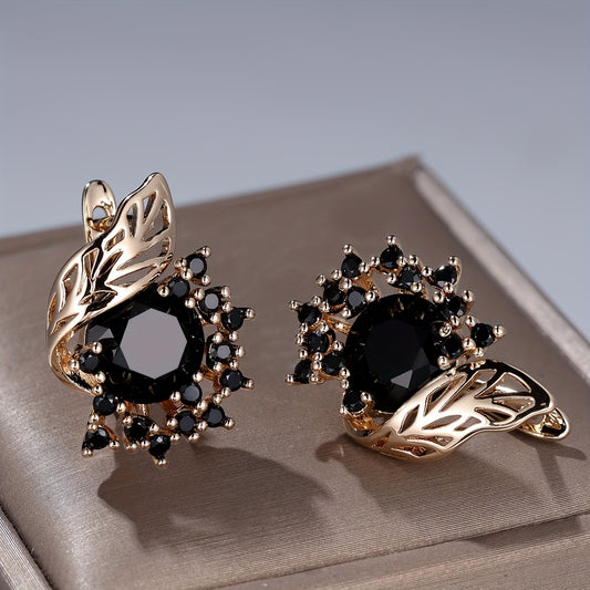 Elegant gold floral pendant earrings, round black Zirconia, copper wedding accessories, perfect for all seasons, winter and New Year