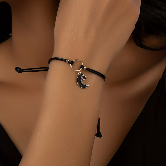 Vintage minimalist black star and moon pendant adjustable length bracelet, zinc alloy, daily and holiday wear, four seasons accessories, gifts for the elderly, Ramadan gifts