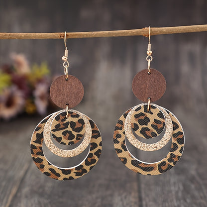 Cross-border new sexy hollow ring leopard print sequined splicing wooden PUPU leather earrings