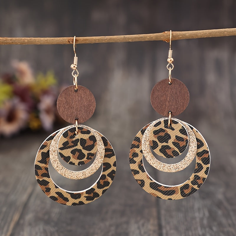 Cross-border new sexy hollow ring leopard print sequined splicing wooden PUPU leather earrings