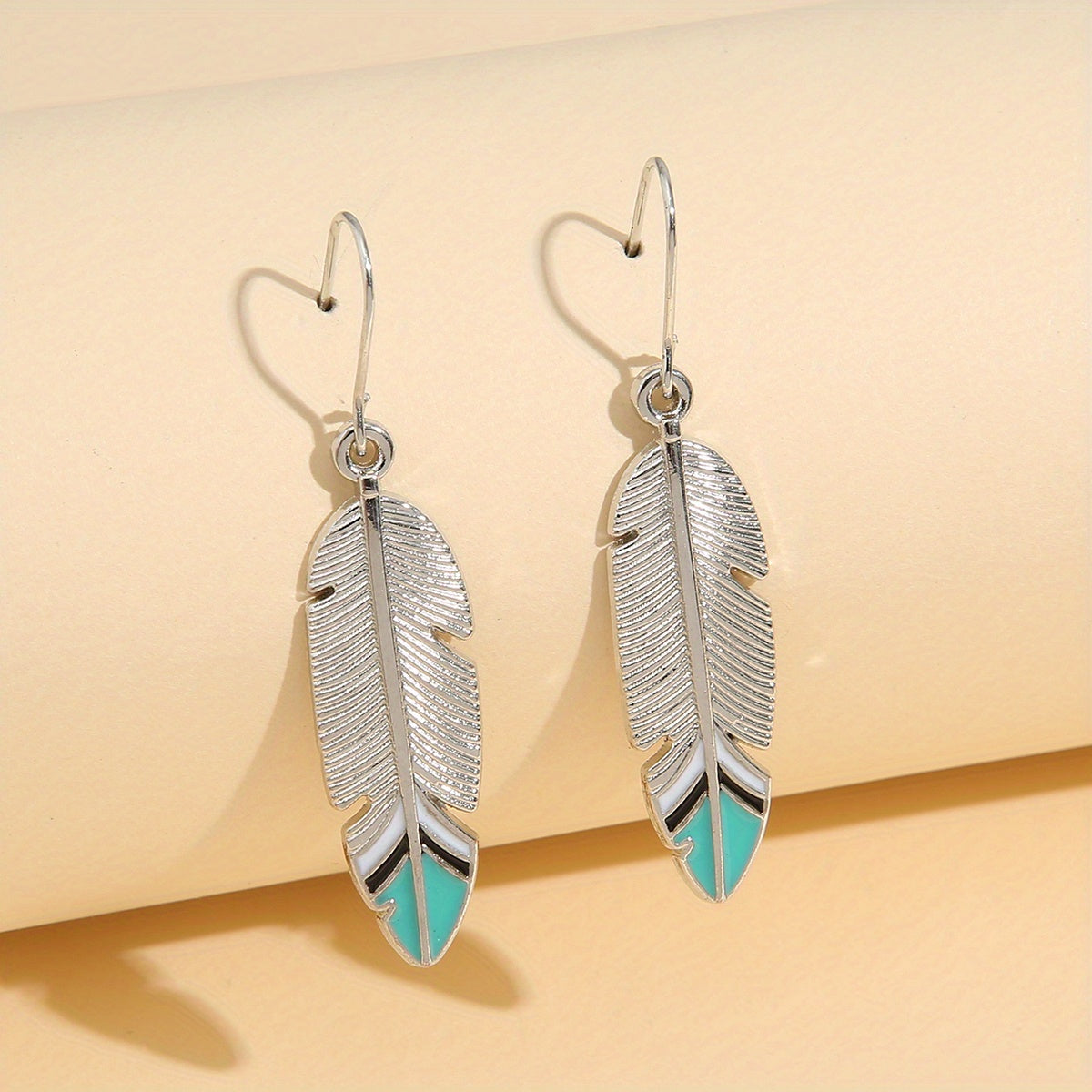 Antique Feather Leaf Design Pendant Earrings, Vintage Bohemian Zinc Jewelry, Holiday Earrings