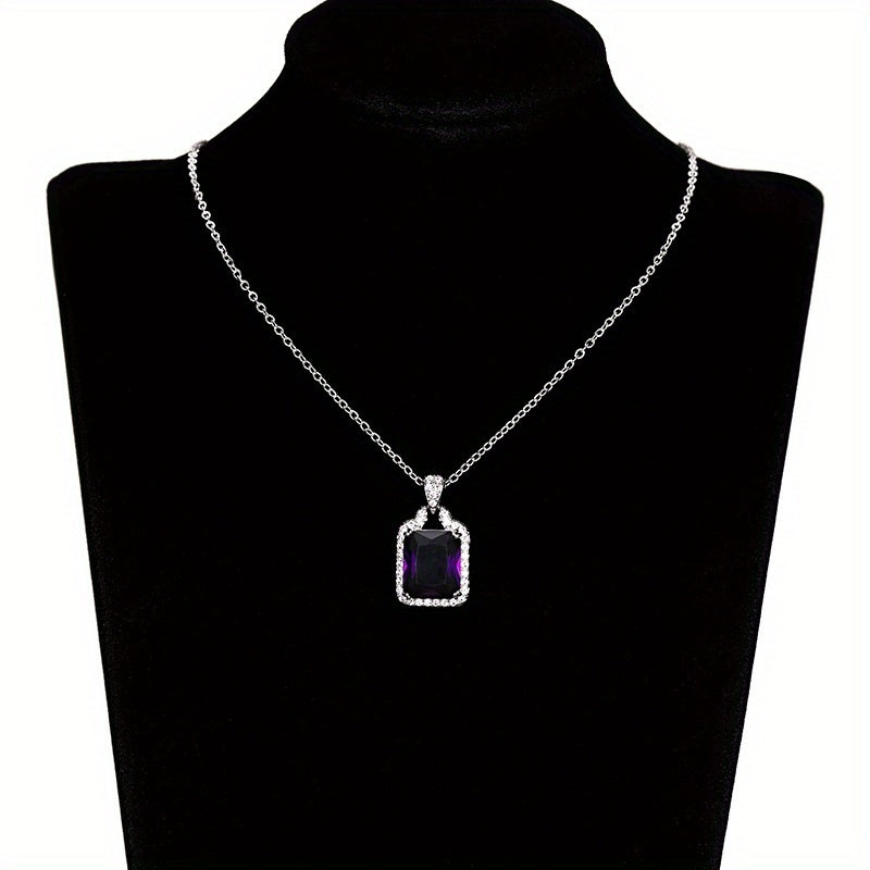 Ladies Elegant 925 Silver Plated Square Amethyst Pendant Necklace, Bridal Wedding Jewelry, February Birthstone Necklace