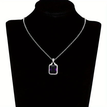 Ladies Elegant 925 Silver Plated Square Amethyst Pendant Necklace, Bridal Wedding Jewelry, February Birthstone Necklace
