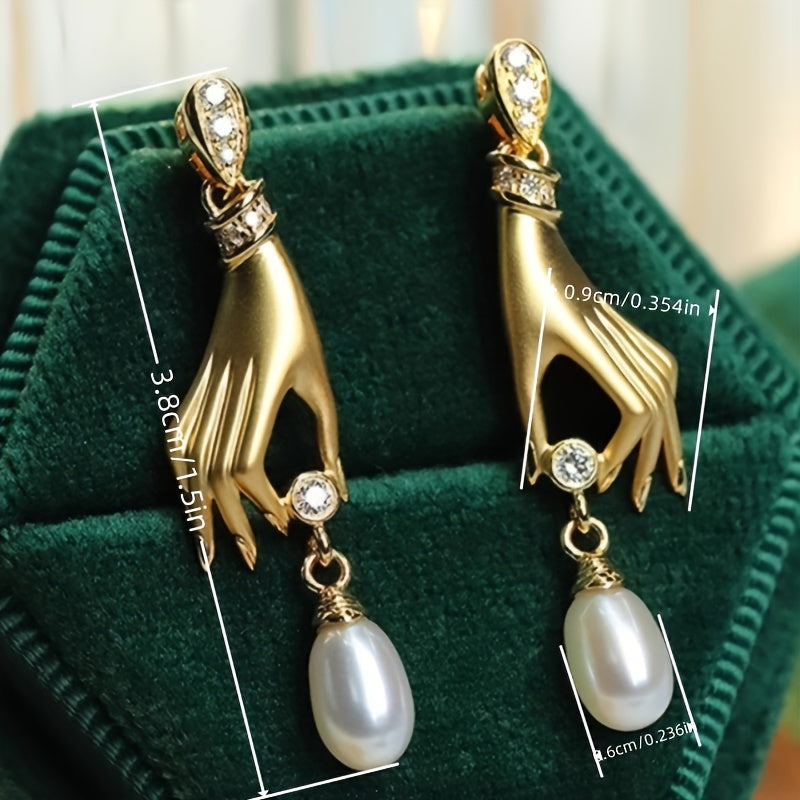 Elegant gold hand earrings with Zirconia and imitation pearl pendants, fashionable Women's jewelry for parties and daily wear - gift box not included