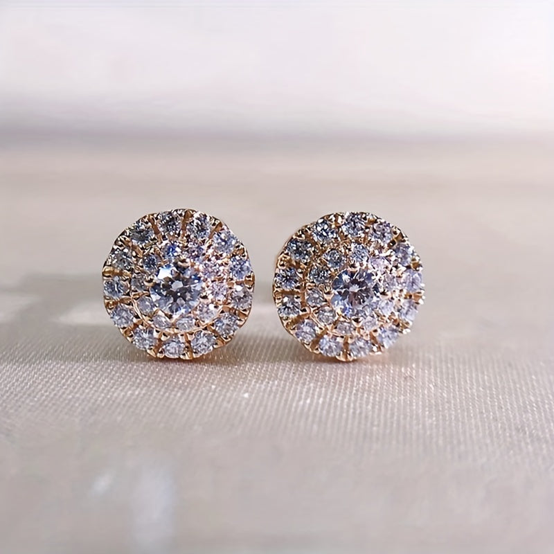 Simple bridal micro-inlaid zircon round stud earrings, women's wedding engagement party daily wear accessories elegant temperament