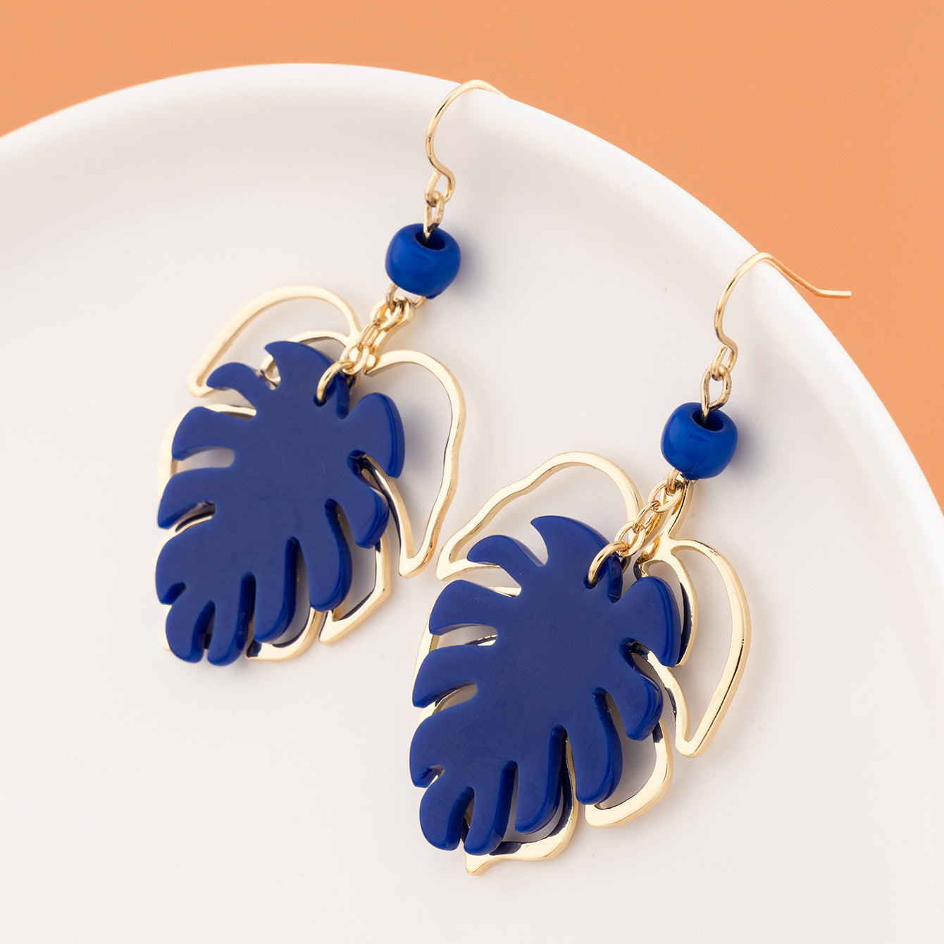 Bohemian Blue Leaf Pendant Earrings - Gold Alloy with Bold Blue Leaves and Light Blue Beads, Perfect for Casual Clothing or Holiday Accessories, Four Seasons Jewelry | Natural Style Design | Light Blue Embellishment, Bohemian Earrings