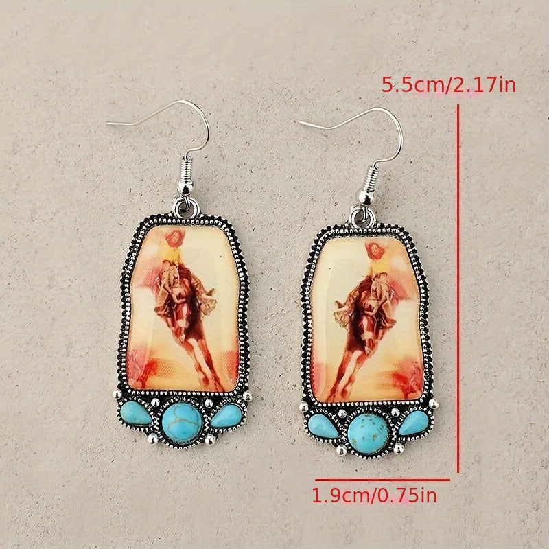 New ethnic style equestrian girl Epoxy geometric inlaid turquoise alloy earrings pair