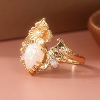 Vintage bohemian 14K gold-plated copper ring with handmade floral design and opal inlay for Casual Attire and gift giving, the perfect Christmas jewelry gift