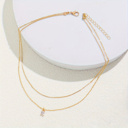 Elegant Square Zirconia Pendant Double Necklace Women's Daily Date Jewelry