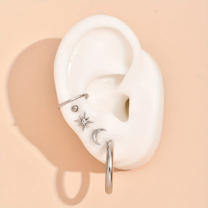 5 Piece Vintage Star and Moon Circle Earrings Set - Elegant Geometric Zinc Alloy Earrings and Women's Clips for Everyday Wear and Parties, Party Accessories | Geometric Earrings | Zinc Alloy Earrings, Quirky Earrings