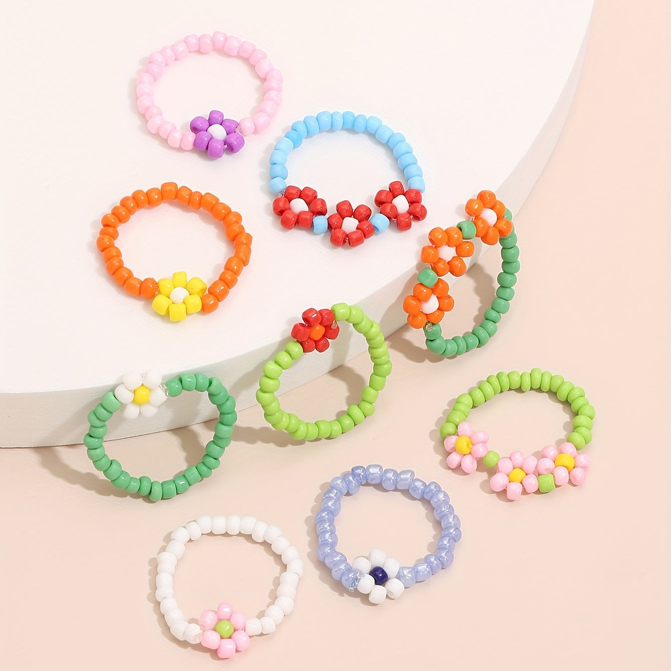 9-Piece Bohemian Stacked Bead Ring Colorful Flower Designs Mix and Match Daily Outfit Sweet Gifts