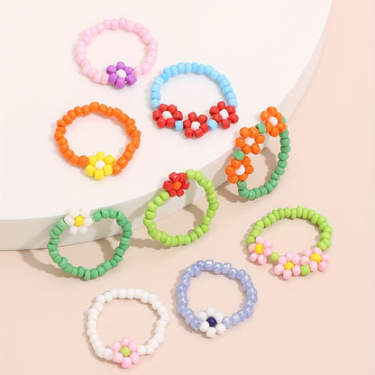 9-Piece Bohemian Stacked Bead Ring Colorful Flower Designs Mix and Match Daily Outfit Sweet Gifts