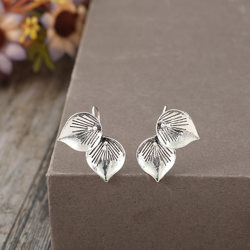 Retro minimalist style silver alloy petal drop earrings, stylish minimalist design, elegant jewelry accessories