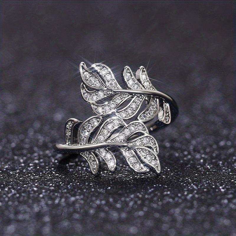 Fashion 925 silver plated zircon leaf ring, women's daily casual accessories