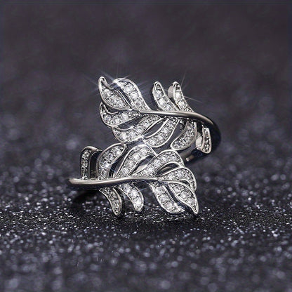 Fashion 925 silver plated zircon leaf ring, women's daily casual accessories