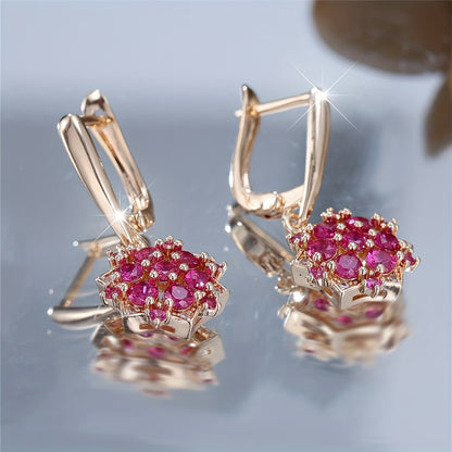 Ladies Elegant Vintage Sunflower Pendant Earrings - Luxury Copper with Cubic Zirconia for Weddings and Parties