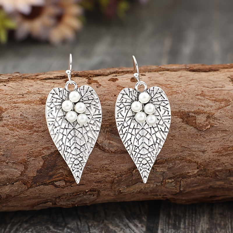 Whimsical Glow, Stylish Vintage Heart & Leaf Pendant Earrings, Accessories Imitation Pearl - Silver Plated, Zinc Alloy, Casual Wear, Whimsical Earrings