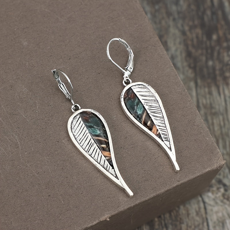 Antique Leaf Design Pendant Earrings, Bohemian Resort Style, Silver Plated Jewelry, Tourist Souvenirs