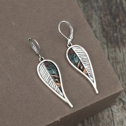 Antique Leaf Design Pendant Earrings, Bohemian Resort Style, Silver Plated Jewelry, Tourist Souvenirs