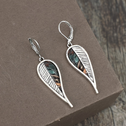 Antique Leaf Design Pendant Earrings, Bohemian Resort Style, Silver Plated Jewelry, Tourist Souvenirs