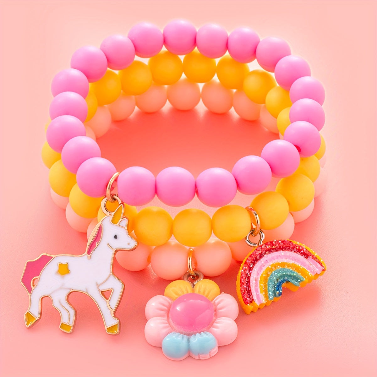 3Pcs Cute Unicorn, Sunflower, Rainbow Charm Beaded Unicorn Sunflower Rainbow Bracelet Set