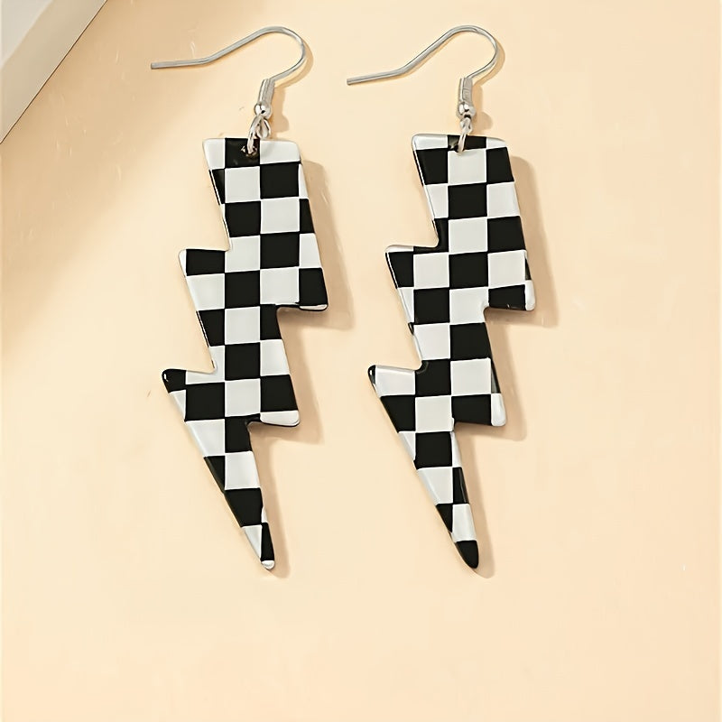1 pair, geometric black and white plaid lightning drop earrings, bold Western exaggerated creative design, simple style fashion jewelry