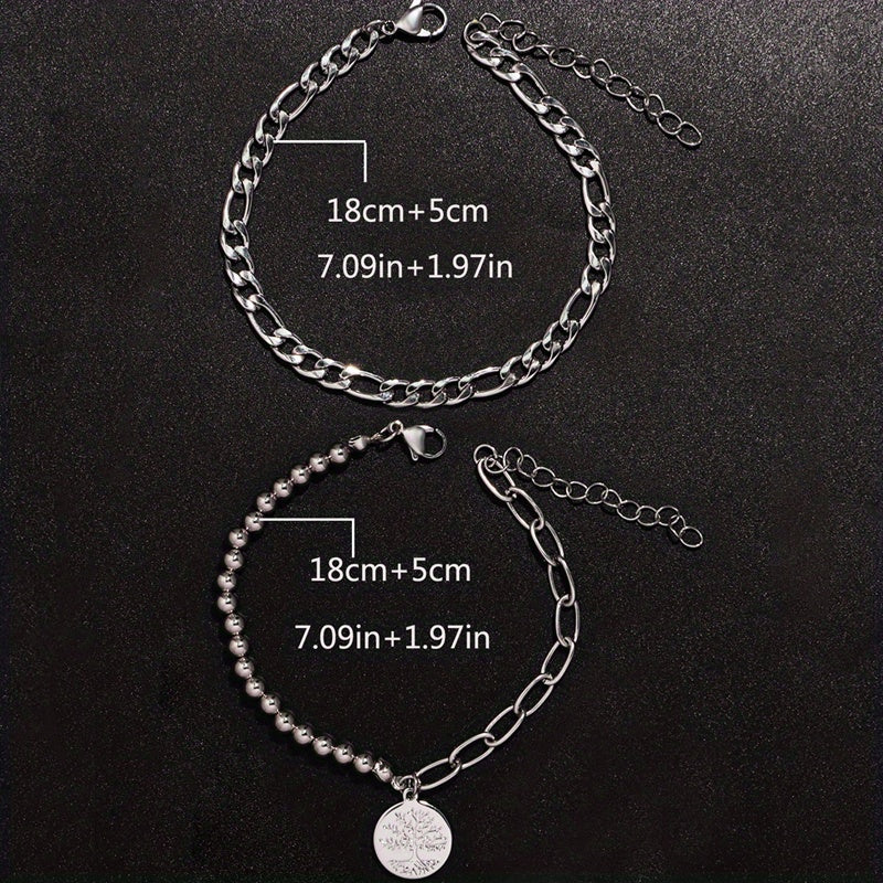 Two Punk Style Tree of Life Copper Pendant Stainless Steel Chain Men's Bracelet Set for Party, Casual, Holiday and Travel Accessories