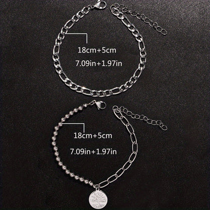 Two Punk Style Tree of Life Copper Pendant Stainless Steel Chain Men's Bracelet Set for Party, Casual, Holiday and Travel Accessories