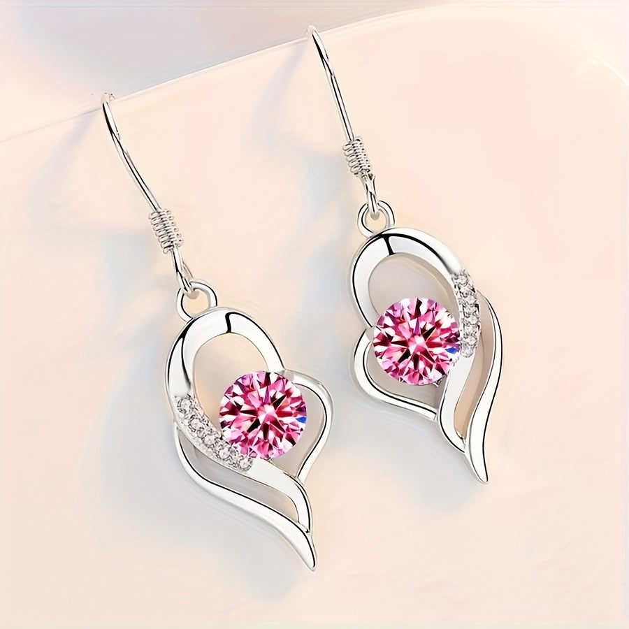 1 pair, elegant and classic style, silver irregular heart-shaped pendant earrings, inlaid with shiny colored round zircon, suitable for women, fashionable and exquisite daily wear accessories