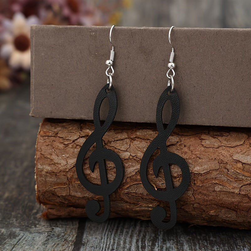Black PU leather music note earrings - retro style treble key hook earrings for ladies, perfect for parties, music festivals and Halloween, funky earrings