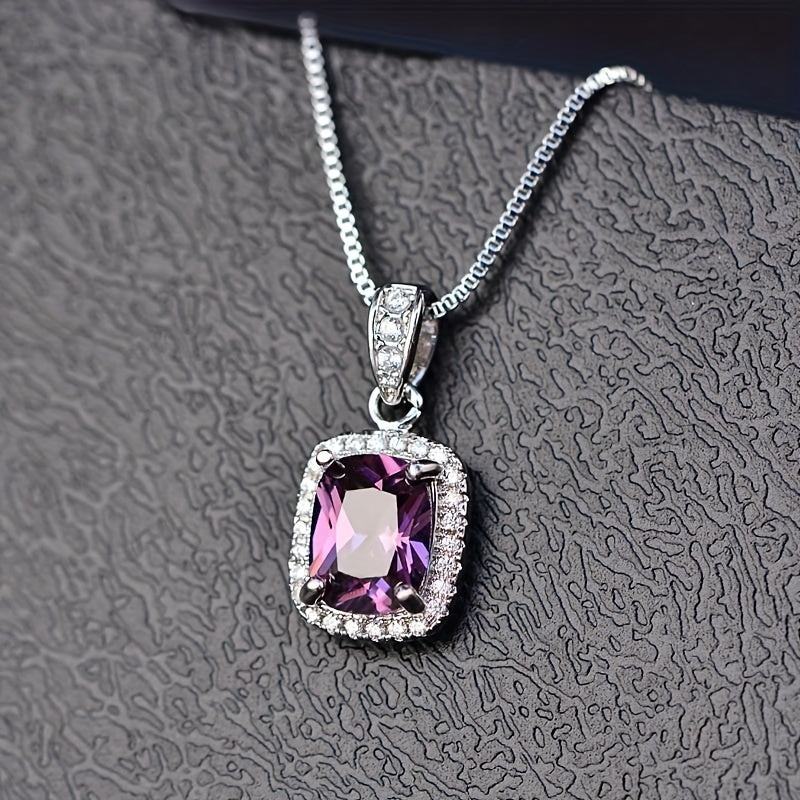 Delicate Silver Plated Faux Amethyst Pendant Necklace Ladies Bridal Wedding Party Jewelry Gift
