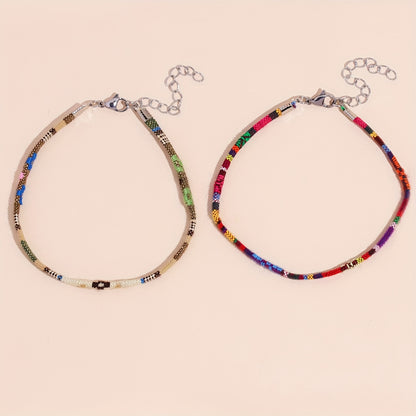 Bohemian hand-colored woven anklet set, Women's 2-piece set, suitable for beach vacation party feet