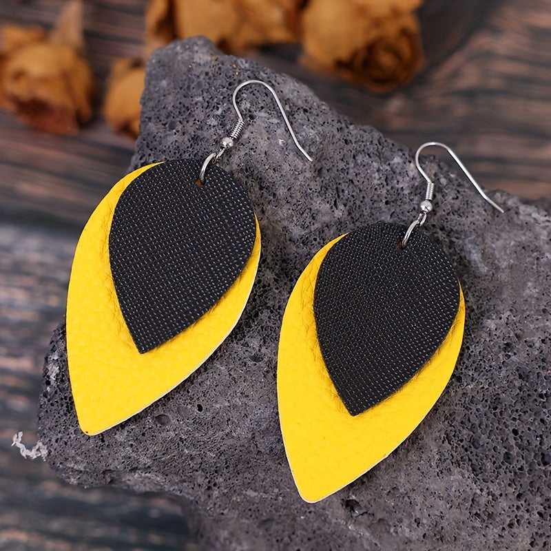 Simple double-layer solid color leaf PU leather earrings
