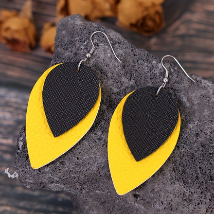 Simple double-layer solid color leaf PU leather earrings