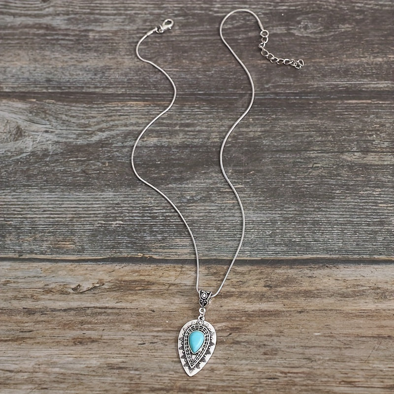 Classical engraved drop-shaped turquoise pendant, bohemian turquoise necklace