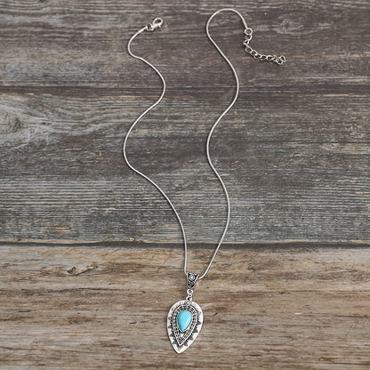 Classical engraved drop-shaped turquoise pendant, bohemian turquoise necklace