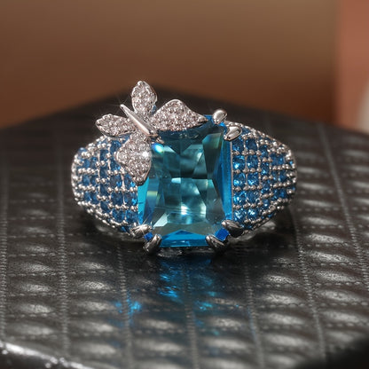 Luxury Blue Topaz Butterfly Cocktail Ring, Gemstone Retro Ring, Big Butterfly Inspiration Ring, Women's Party Wear Ring