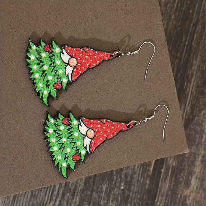 Creative Christmas Tree Design Santa Pattern Pendant Earrings Vintage Party Style Wooden Jewelry Cute Christmas Earrings