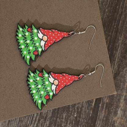 Creative Christmas Tree Design Santa Pattern Pendant Earrings Vintage Party Style Wooden Jewelry Cute Christmas Earrings
