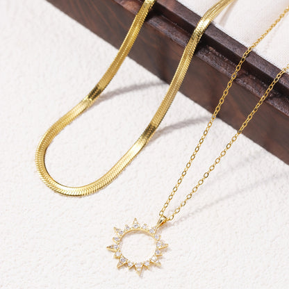 Elegant style zircon sun pendant necklace, stainless steel flat snake chain, double necklace, women's holiday daily jewelry gift