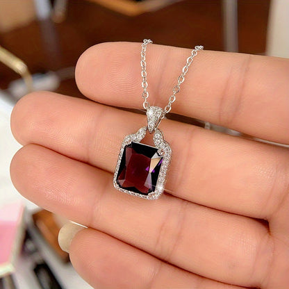Ladies Elegant 925 Silver Plated Square Amethyst Pendant Necklace, Bridal Wedding Jewelry, February Birthstone Necklace