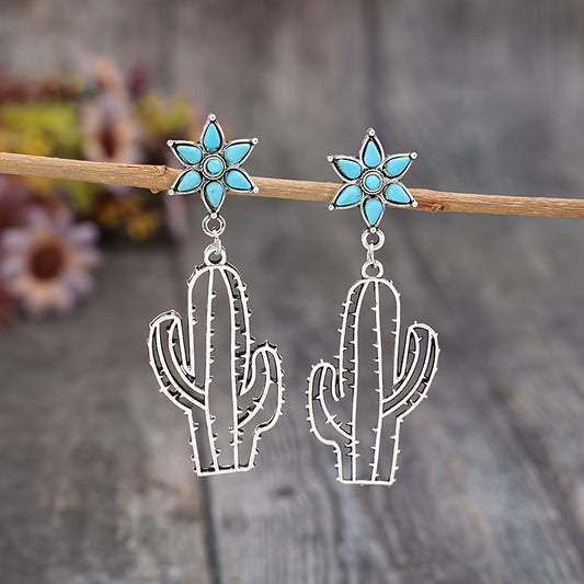 Hollow Cactus Flower Design Turquoise Inlaid Drop Earrings Vintage Western Silver Plated Jewelry Holiday Earrings