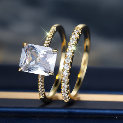 A set of square white Zirconia rings, a two-piece Women's fashion set, and jewelry suitable for holiday parties.