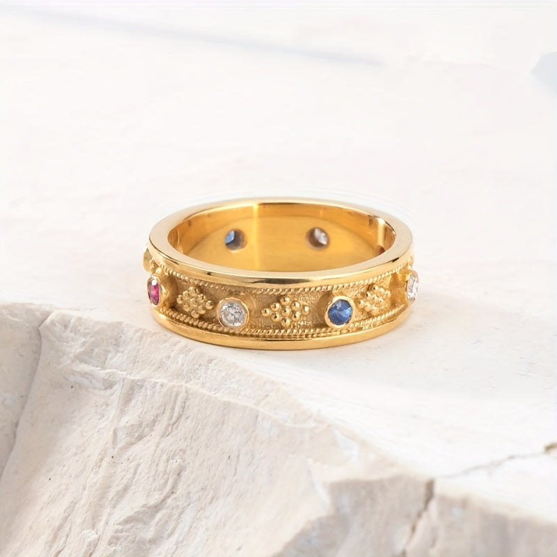 Retro-style broadband ring, colorful synthetic gemstone - suitable for daily and party wear, handmade in copper