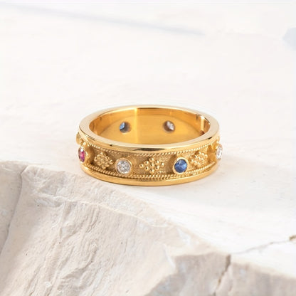 Retro-style broadband ring, colorful synthetic gemstone - suitable for daily and party wear, handmade in copper