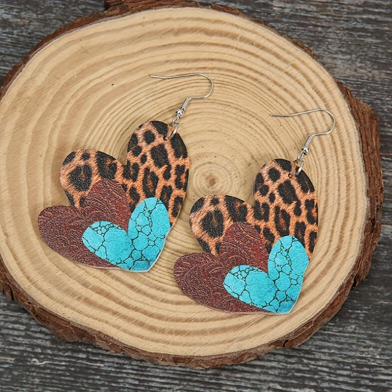 Women's leopard print plaid love imitation leather pendant earrings