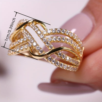 Elegant 18K gold-plated multi-layer interwoven ring, synthetic zircon, April birthstone, copper core, suitable for women, daily and party wear, carnival jewelry gift