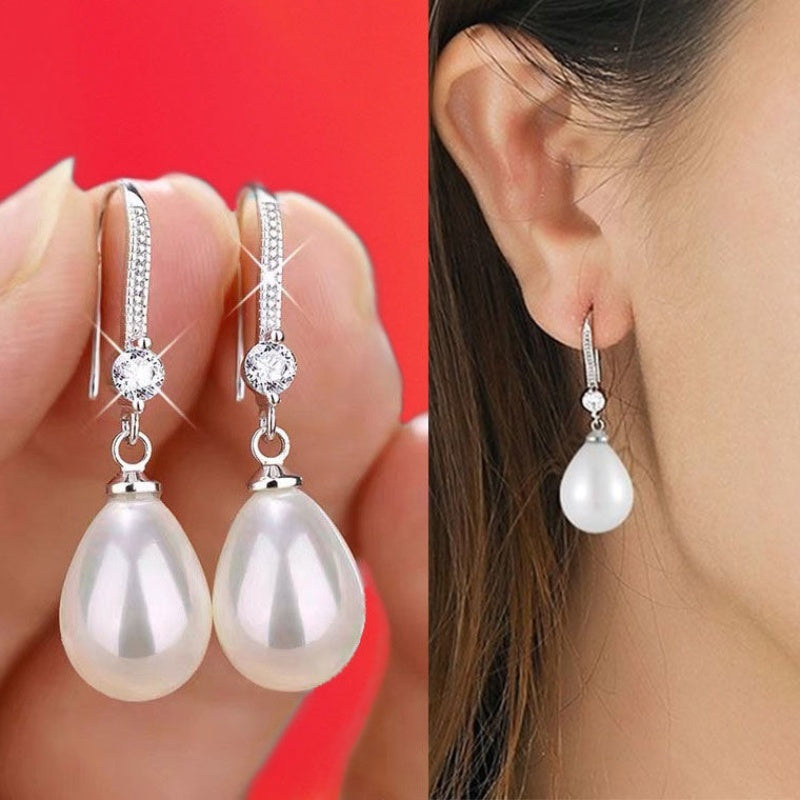 Hook 925 Silver Plated Pearl Pendant Earrings Ladies Bride Engagement Wedding Pendant Earrings Jewelry Gift