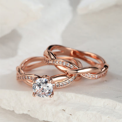 Shiny Bridal Ring Set Inlaid Round Cut zirconia 18K Gold Plated Copper Wedding Promise Ring Set 2 Pcs